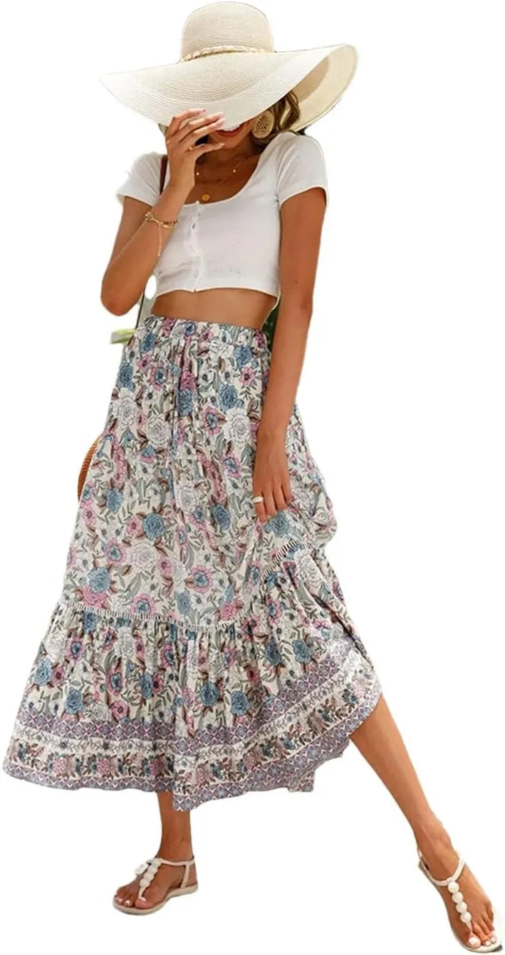 Boho Floral Print Skirts Women Summer High Waist A-Line Pleated Long Skirts Casual Holiday Beach Skirt