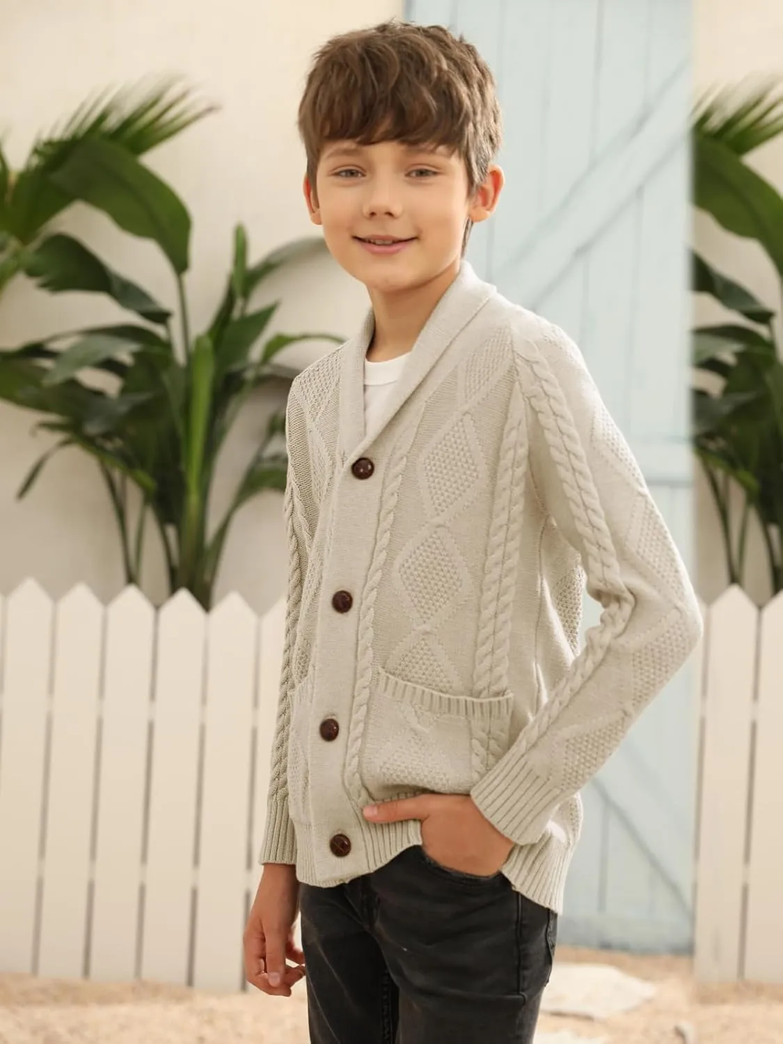 Boy's Sweater Cardigan Button Down Shawl Collar Cable Knitted Outwear Sweater Coats with Pockets