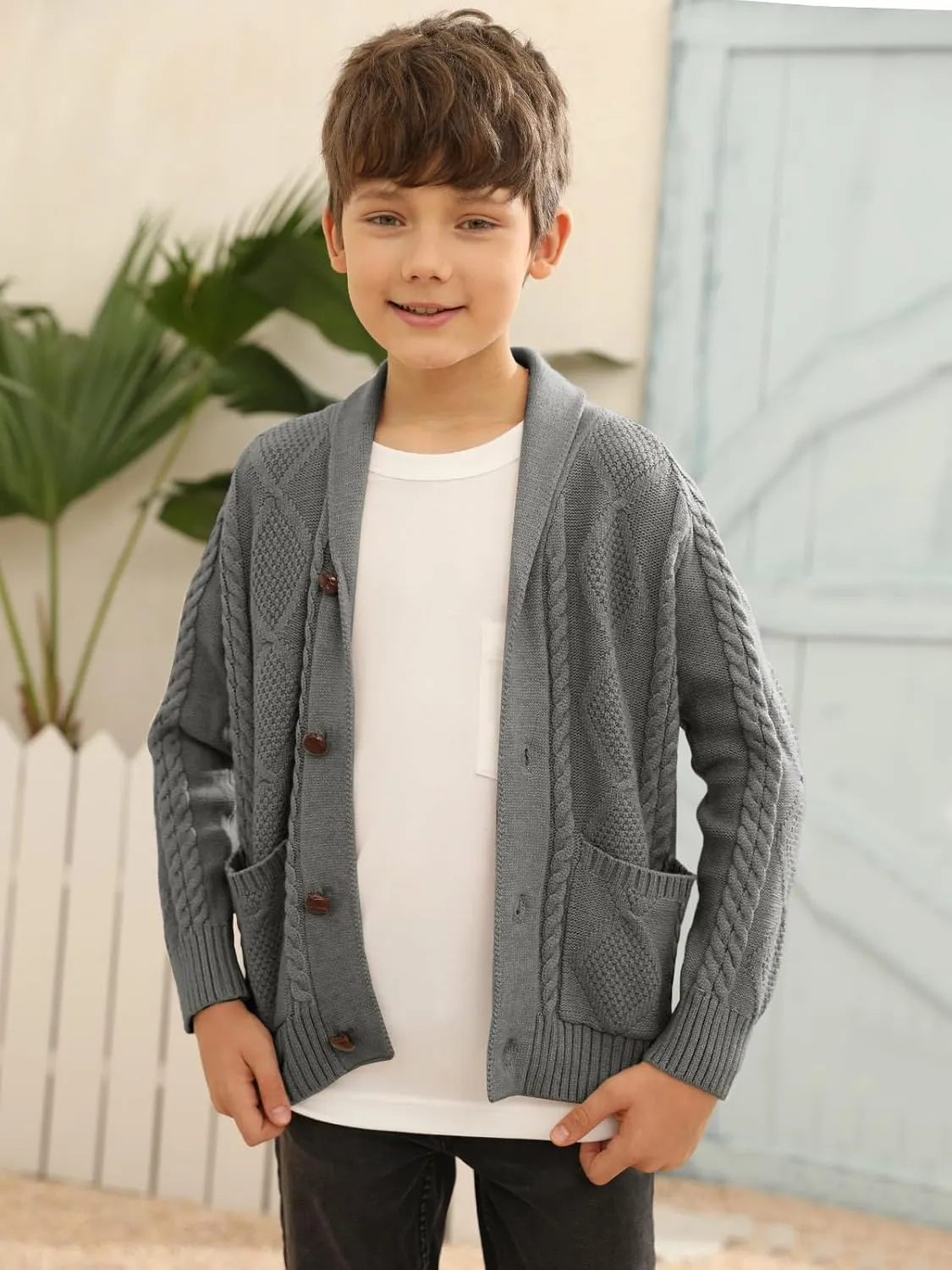 Boy's Sweater Cardigan Button Down Shawl Collar Cable Knitted Outwear Sweater Coats with Pockets