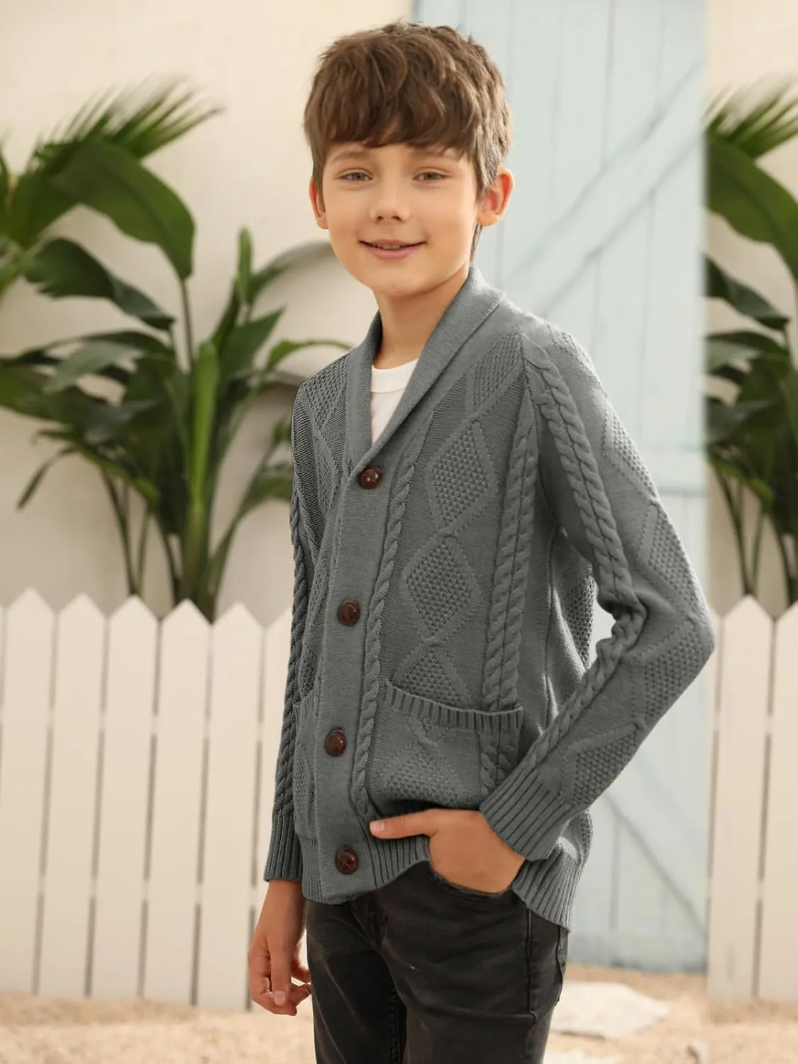 Boy's Sweater Cardigan Button Down Shawl Collar Cable Knitted Outwear Sweater Coats with Pockets