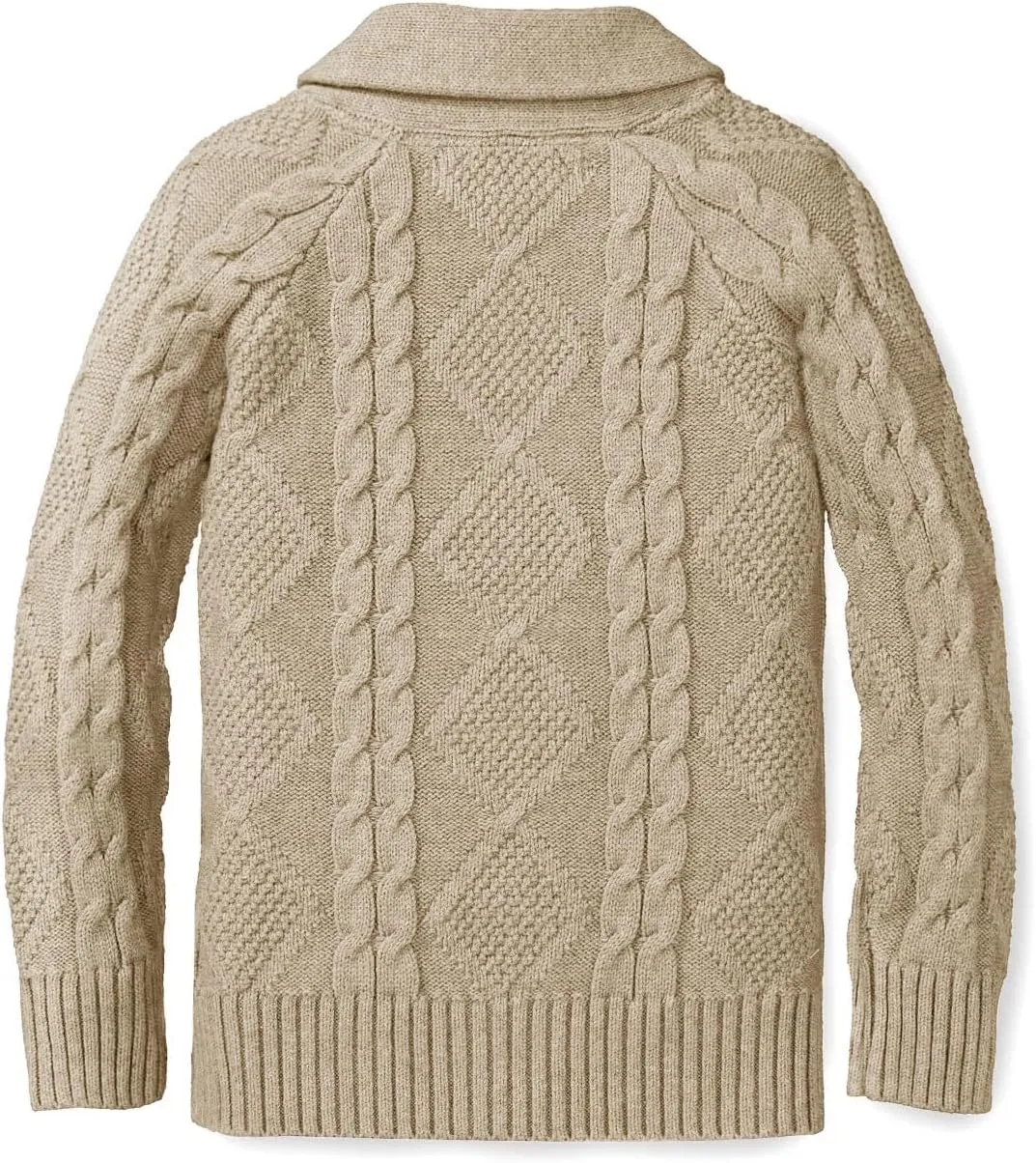 Boy's Sweater Cardigan Button Down Shawl Collar Cable Knitted Outwear Sweater Coats with Pockets