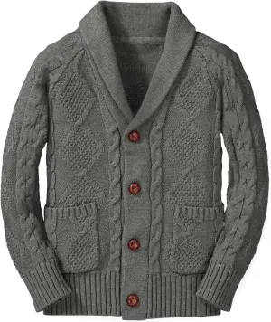Boy's Sweater Cardigan Button Down Shawl Collar Cable Knitted Outwear Sweater Coats with Pockets