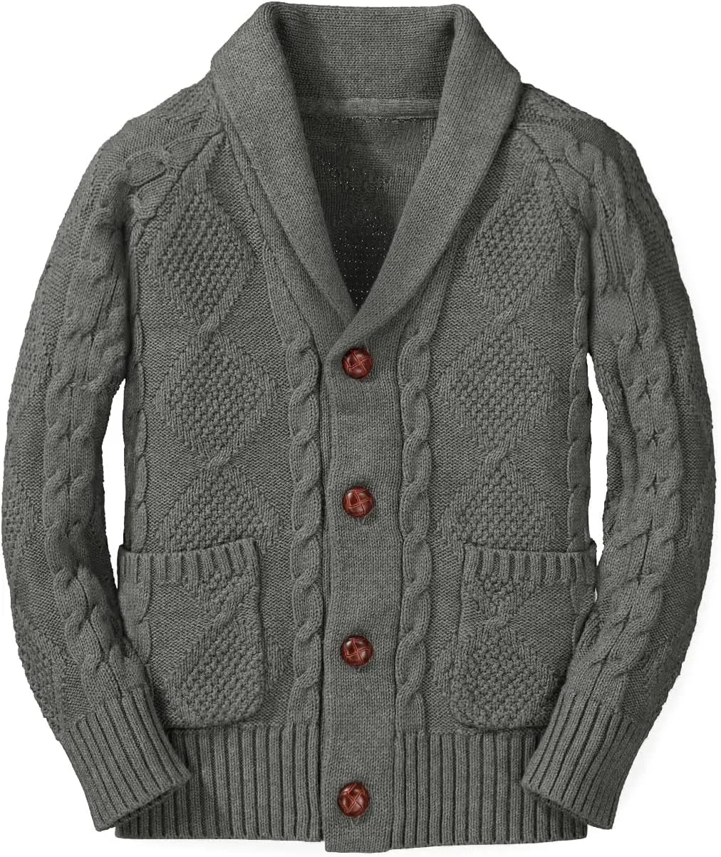 Boy's Sweater Cardigan Button Down Shawl Collar Cable Knitted Outwear Sweater Coats with Pockets