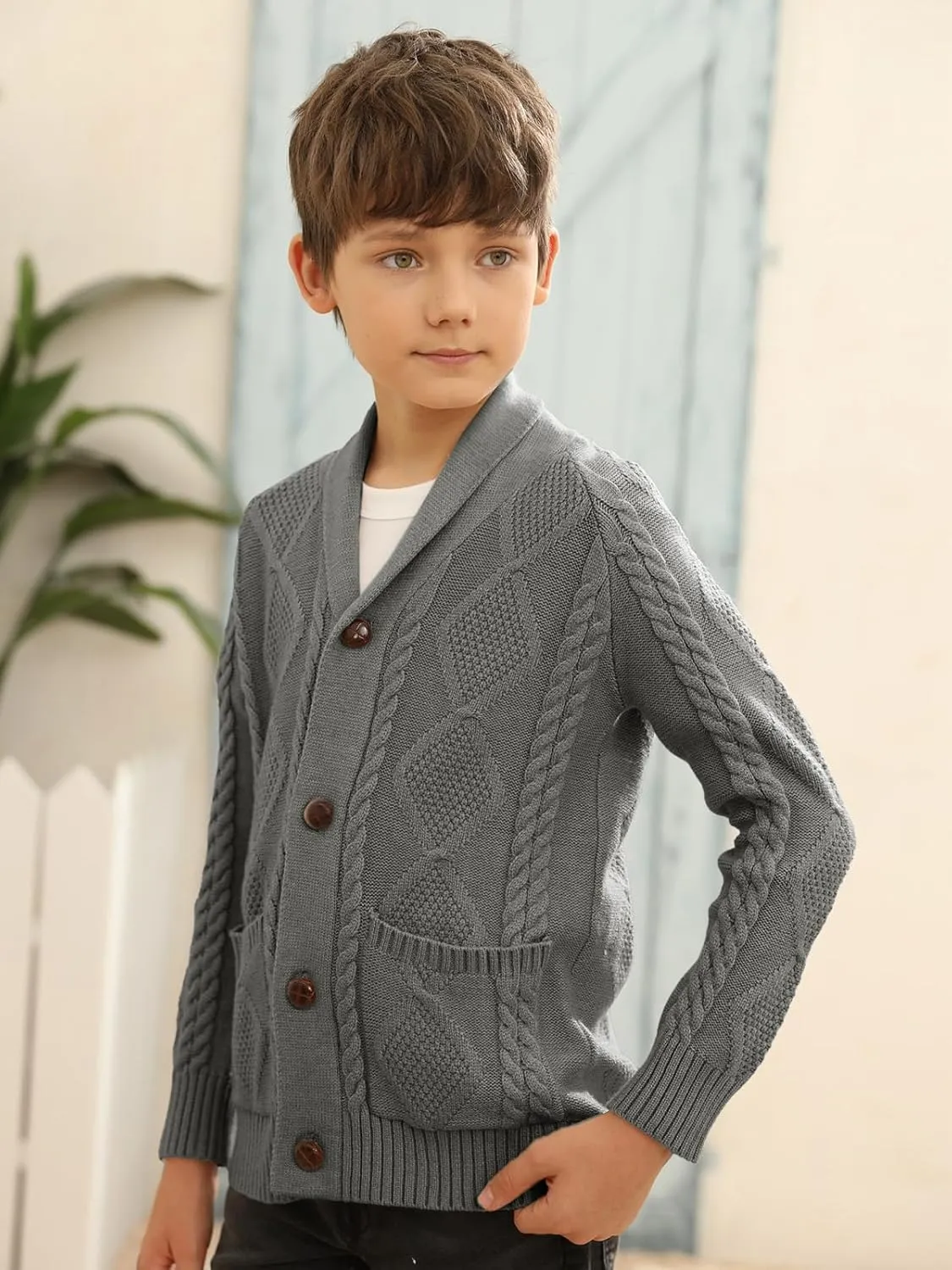 Boy's Sweater Cardigan Button Down Shawl Collar Cable Knitted Outwear Sweater Coats with Pockets