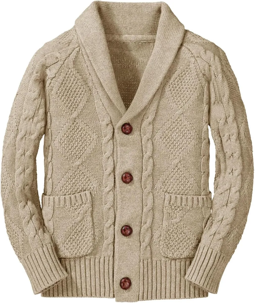 Boy's Sweater Cardigan Button Down Shawl Collar Cable Knitted Outwear Sweater Coats with Pockets