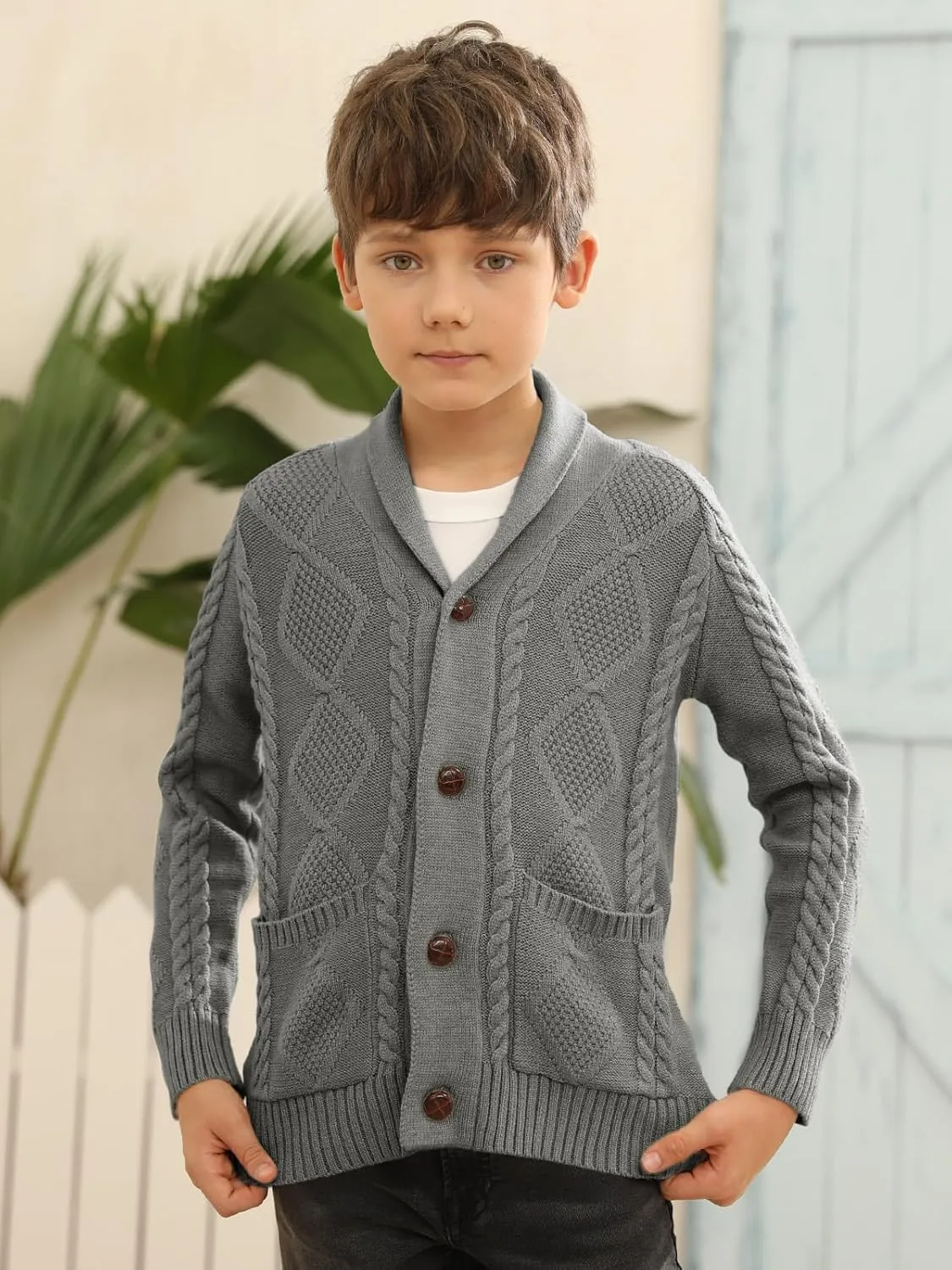 Boy's Sweater Cardigan Button Down Shawl Collar Cable Knitted Outwear Sweater Coats with Pockets