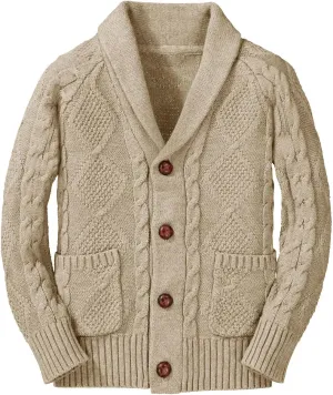 Boy's Sweater Cardigan Button Down Shawl Collar Cable Knitted Outwear Sweater Coats with Pockets