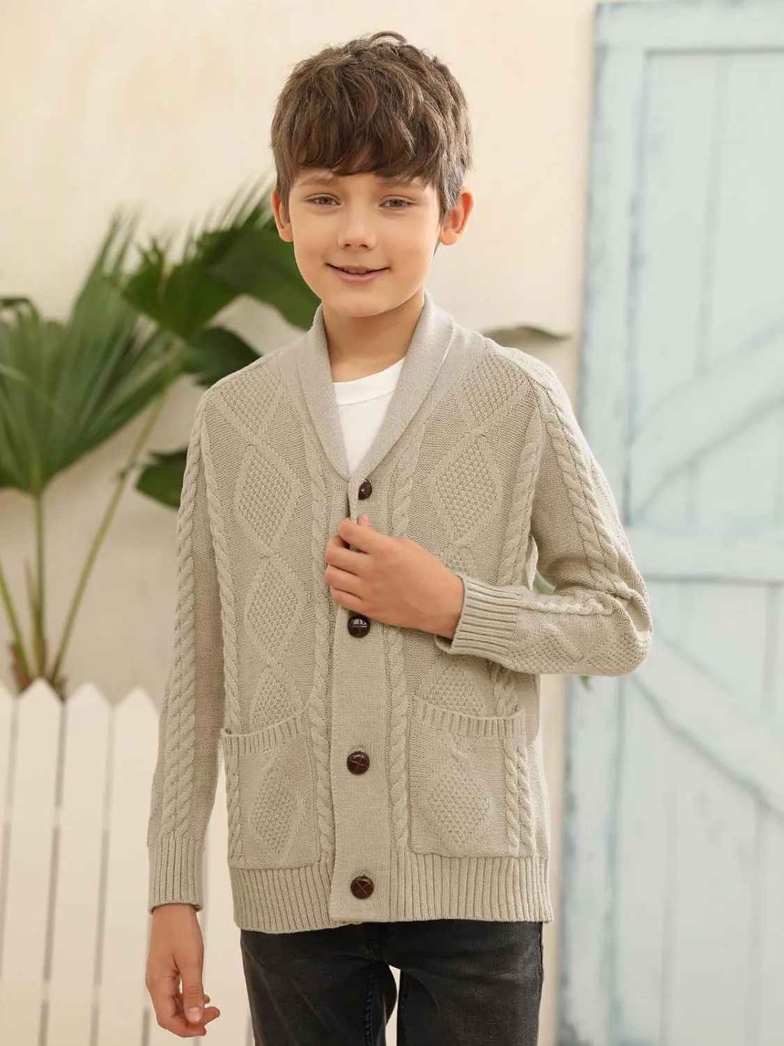 Boy's Sweater Cardigan Button Down Shawl Collar Cable Knitted Outwear Sweater Coats with Pockets