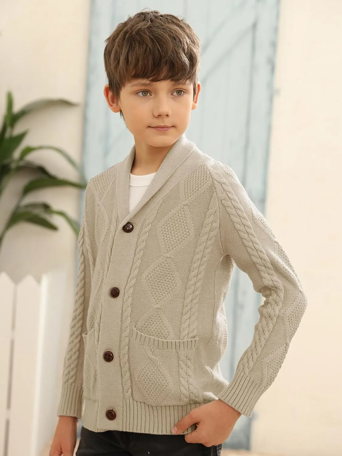 Boy's Sweater Cardigan Button Down Shawl Collar Cable Knitted Outwear Sweater Coats with Pockets