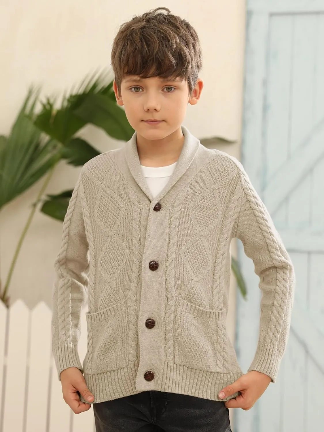 Boy's Sweater Cardigan Button Down Shawl Collar Cable Knitted Outwear Sweater Coats with Pockets