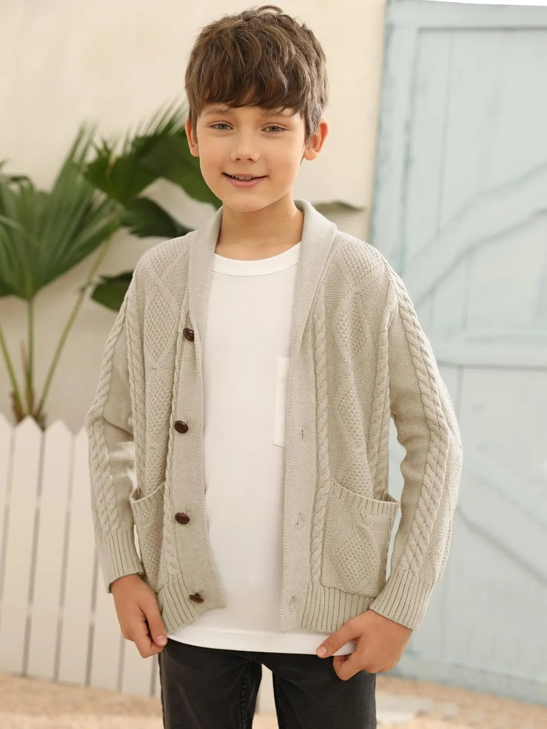 Boy's Sweater Cardigan Button Down Shawl Collar Cable Knitted Outwear Sweater Coats with Pockets