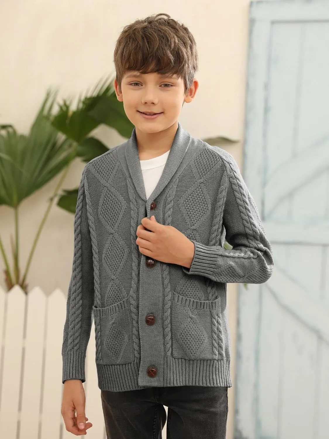 Boy's Sweater Cardigan Button Down Shawl Collar Cable Knitted Outwear Sweater Coats with Pockets