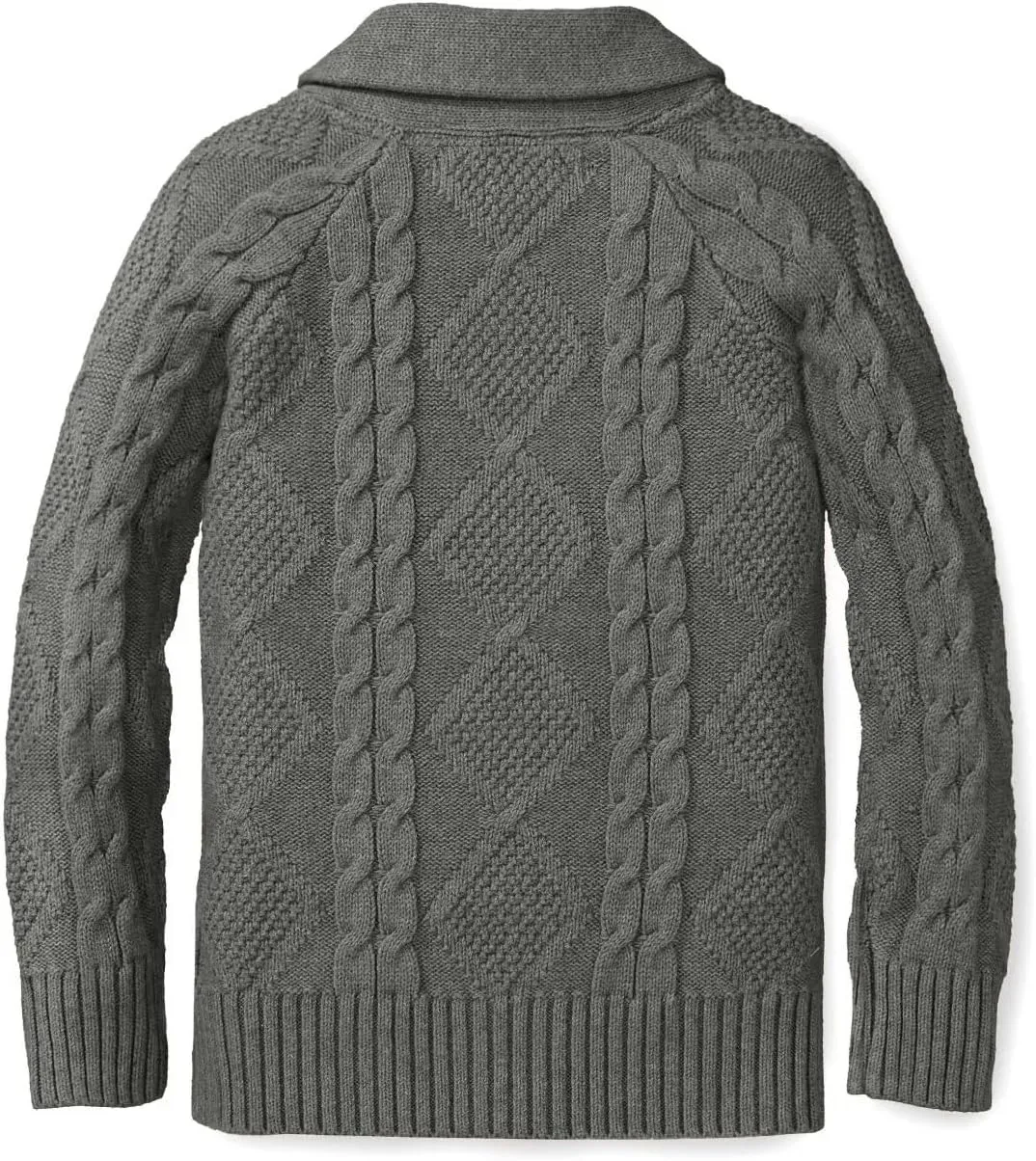 Boy's Sweater Cardigan Button Down Shawl Collar Cable Knitted Outwear Sweater Coats with Pockets