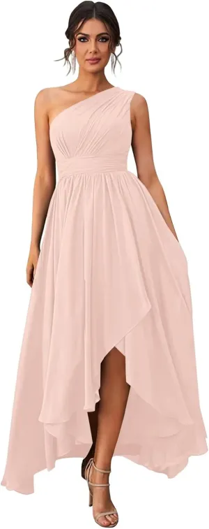 Bridesmaid Dresses Chiffon Pleated Asymmetrical A Line Long One Shoulder Formal Party Dress for Women