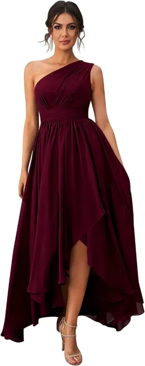 Bridesmaid Dresses Chiffon Pleated Asymmetrical A Line Long One Shoulder Formal Party Dress for Women
