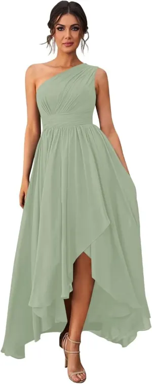Bridesmaid Dresses Chiffon Pleated Asymmetrical A Line Long One Shoulder Formal Party Dress for Women