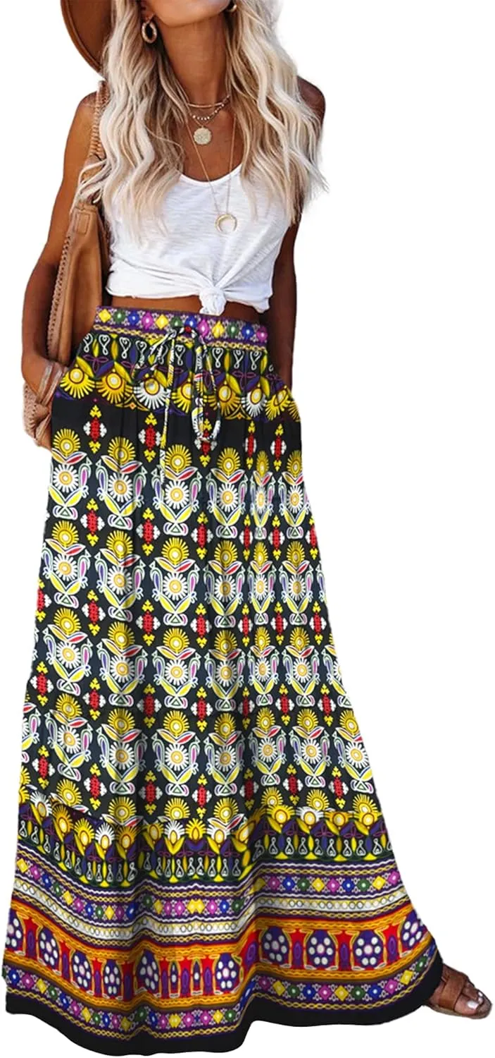 Bsubseach Skirts for Women Summer 2025 Boho Pleated Flowy Long Skirts Casual A Line Floral Maxi Skirt with Pockets
