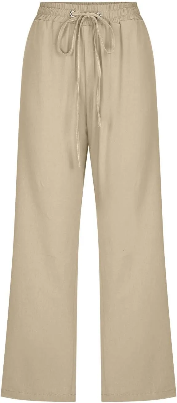 Capri Pants for Women Casual 2024 High Waist Linen Pants Straight Wide Leg Cropped Trouser Drawstring Summer Pants