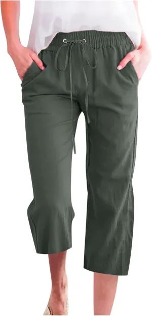 Capri Pants for Women Casual 2024 High Waist Linen Pants Straight Wide Leg Cropped Trouser Drawstring Summer Pants