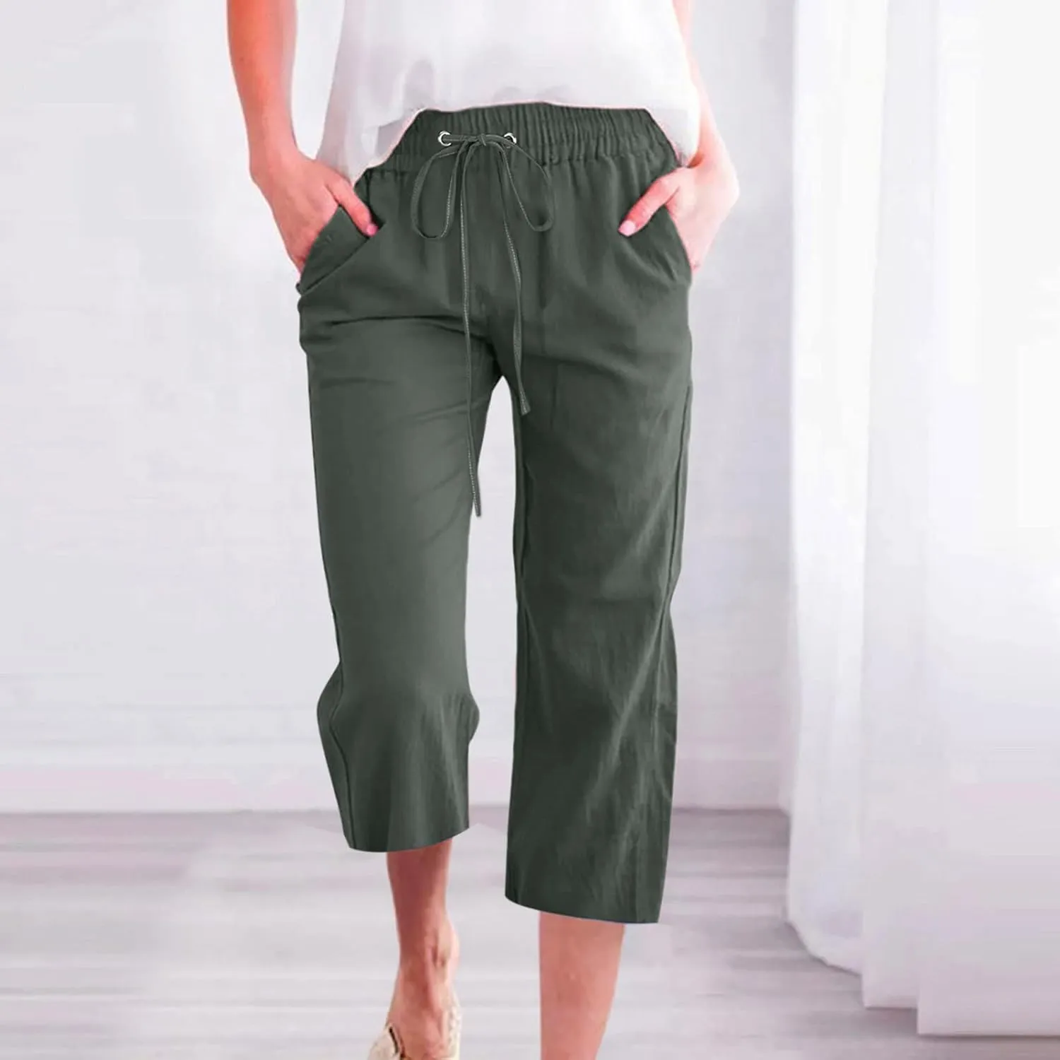 Capri Pants for Women Casual 2024 High Waist Linen Pants Straight Wide Leg Cropped Trouser Drawstring Summer Pants