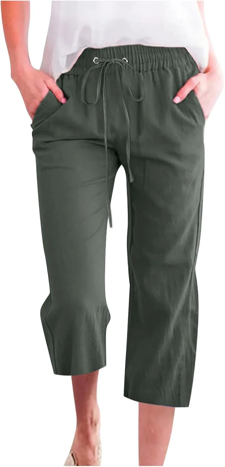 Capri Pants for Women Casual 2024 High Waist Linen Pants Straight Wide Leg Cropped Trouser Drawstring Summer Pants