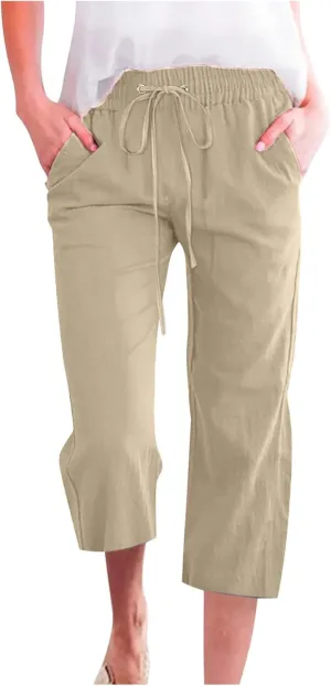 Capri Pants for Women Casual 2024 High Waist Linen Pants Straight Wide Leg Cropped Trouser Drawstring Summer Pants