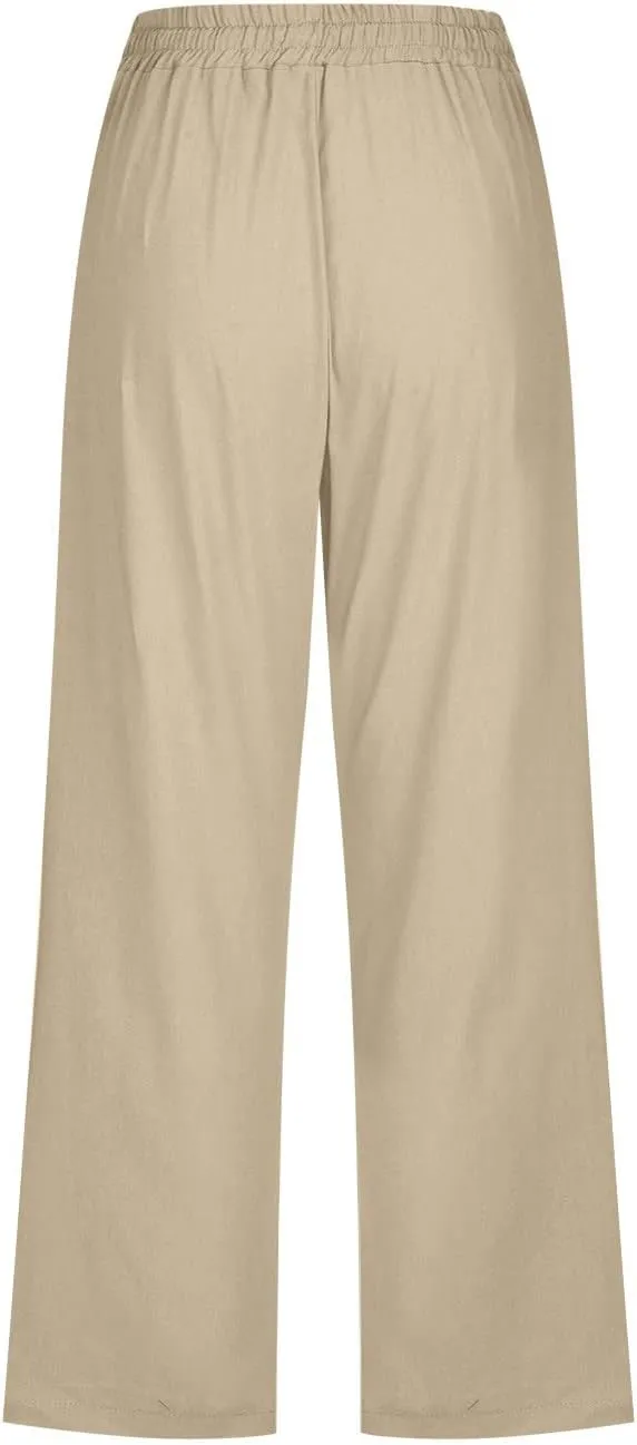 Capri Pants for Women Casual 2024 High Waist Linen Pants Straight Wide Leg Cropped Trouser Drawstring Summer Pants