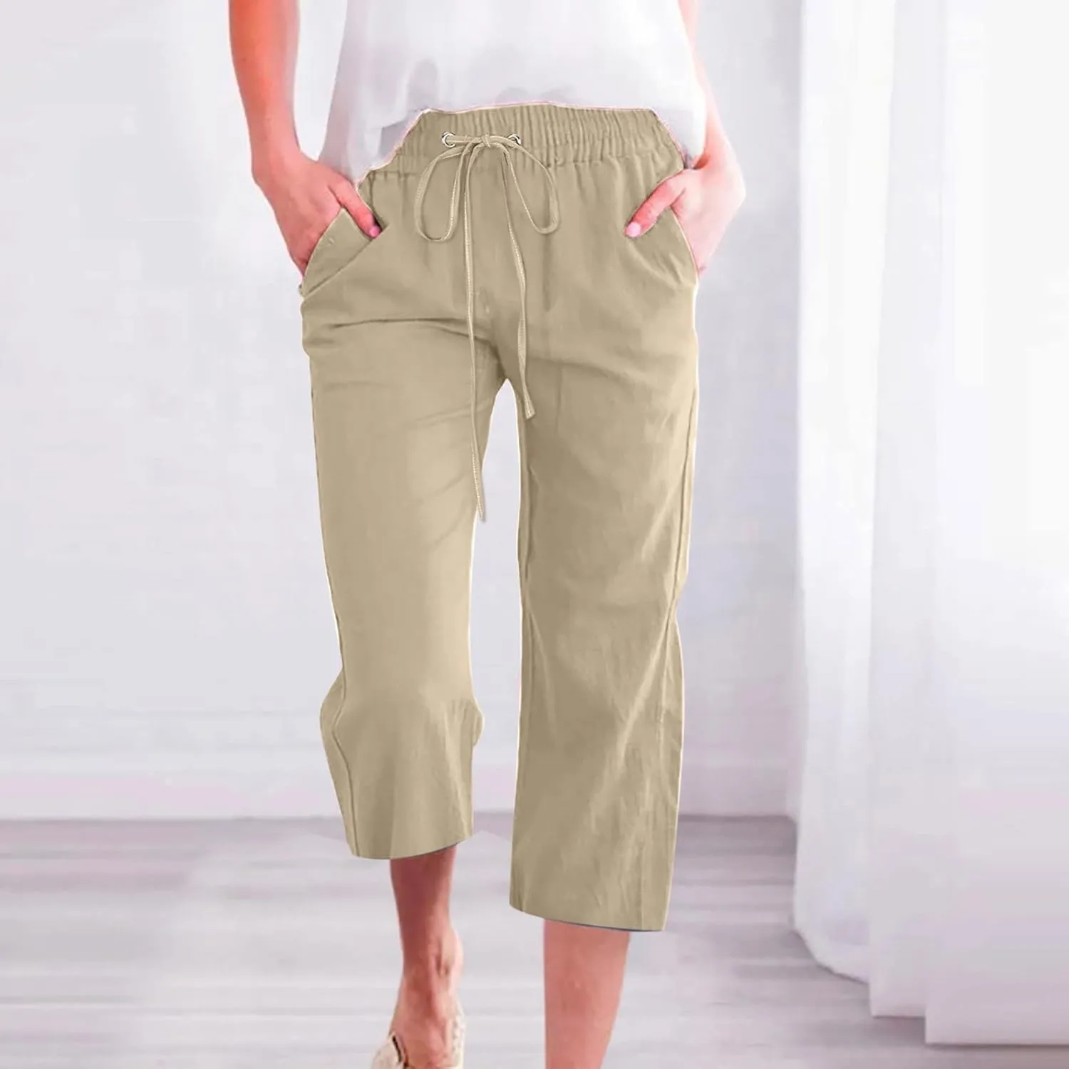 Capri Pants for Women Casual 2024 High Waist Linen Pants Straight Wide Leg Cropped Trouser Drawstring Summer Pants