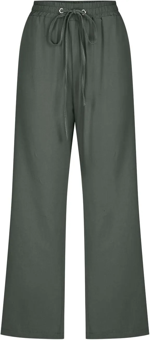 Capri Pants for Women Casual 2024 High Waist Linen Pants Straight Wide Leg Cropped Trouser Drawstring Summer Pants