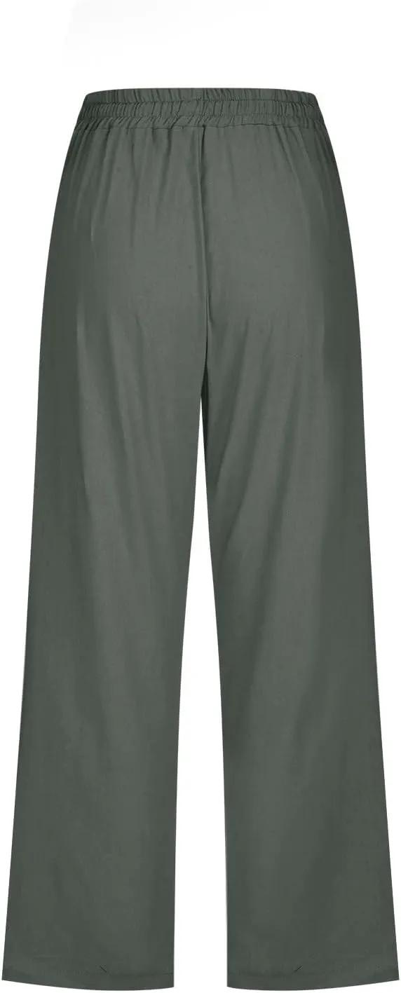Capri Pants for Women Casual 2024 High Waist Linen Pants Straight Wide Leg Cropped Trouser Drawstring Summer Pants