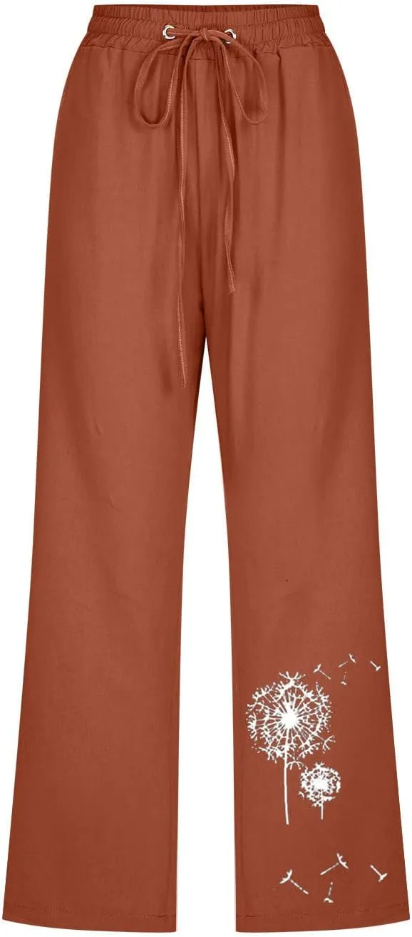 Capri Pants for Women Casual 2024 Summer High Waist Drawstring Linen Pant Loose Lightweight Crop Trousers with Pocket