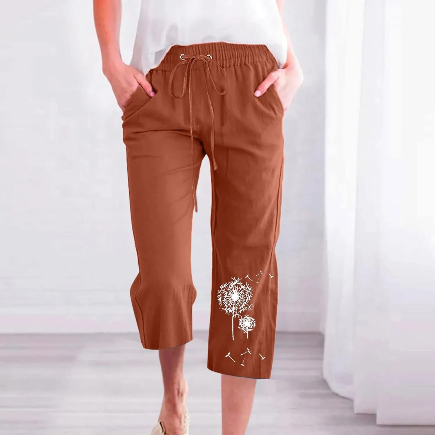 Capri Pants for Women Casual 2024 Summer High Waist Drawstring Linen Pant Loose Lightweight Crop Trousers with Pocket