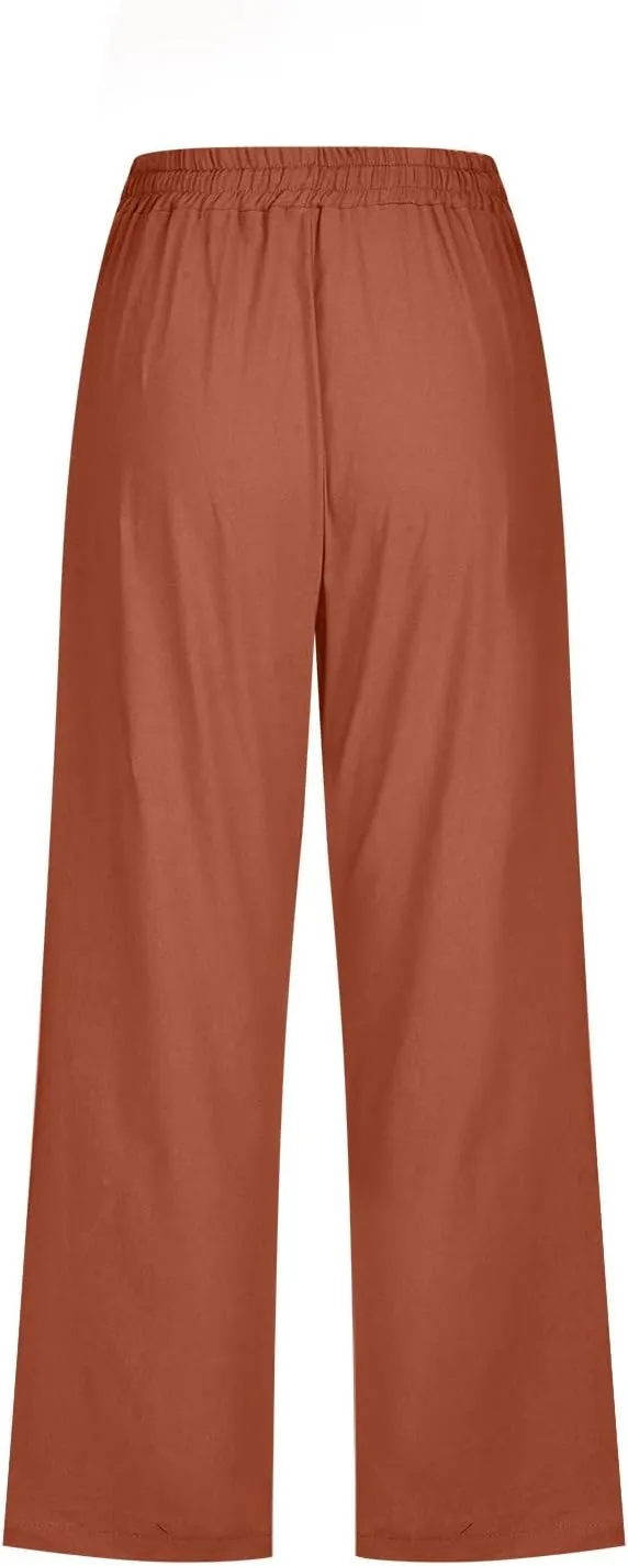 Capri Pants for Women Casual 2024 Summer High Waist Drawstring Linen Pant Loose Lightweight Crop Trousers with Pocket