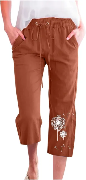 Capri Pants for Women Casual 2024 Summer High Waist Drawstring Linen Pant Loose Lightweight Crop Trousers with Pocket