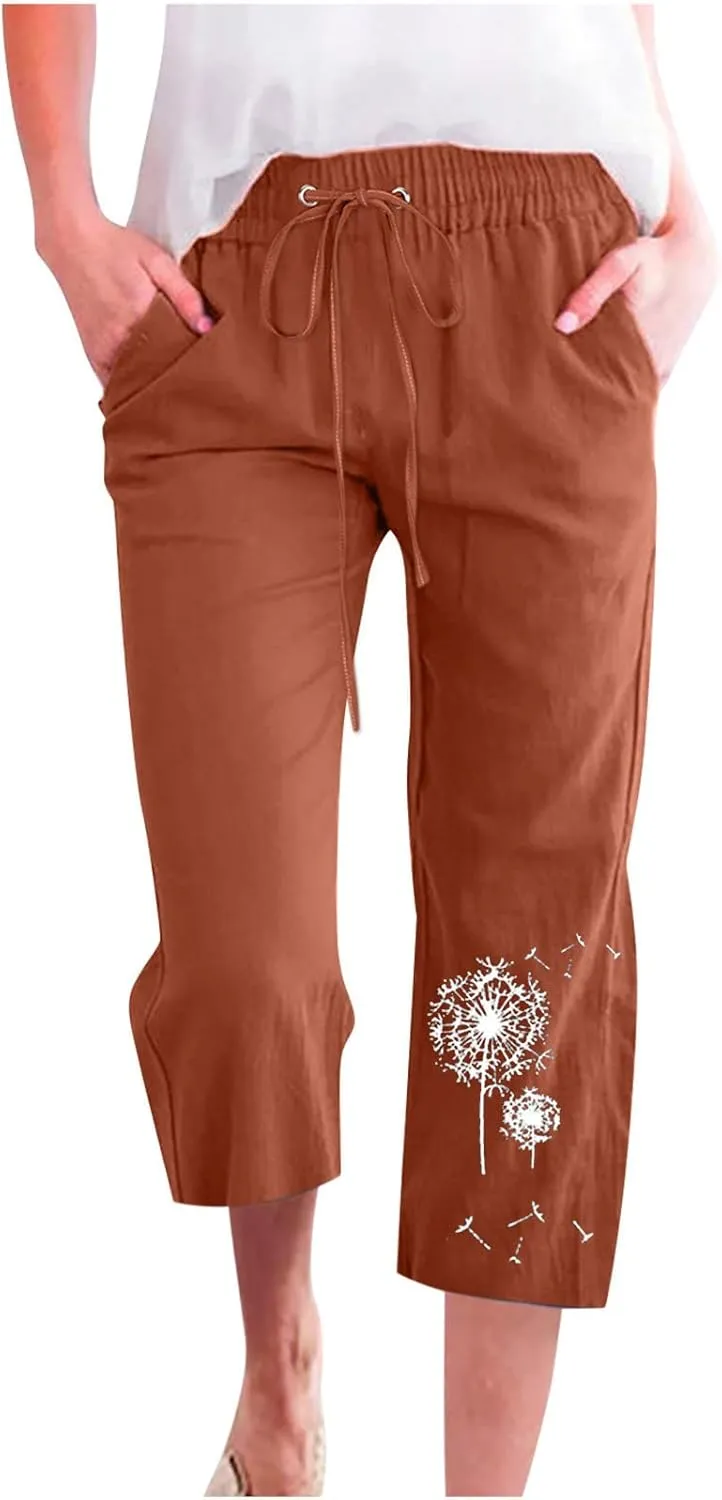 Capri Pants for Women Casual 2024 Summer High Waist Drawstring Linen Pant Loose Lightweight Crop Trousers with Pocket