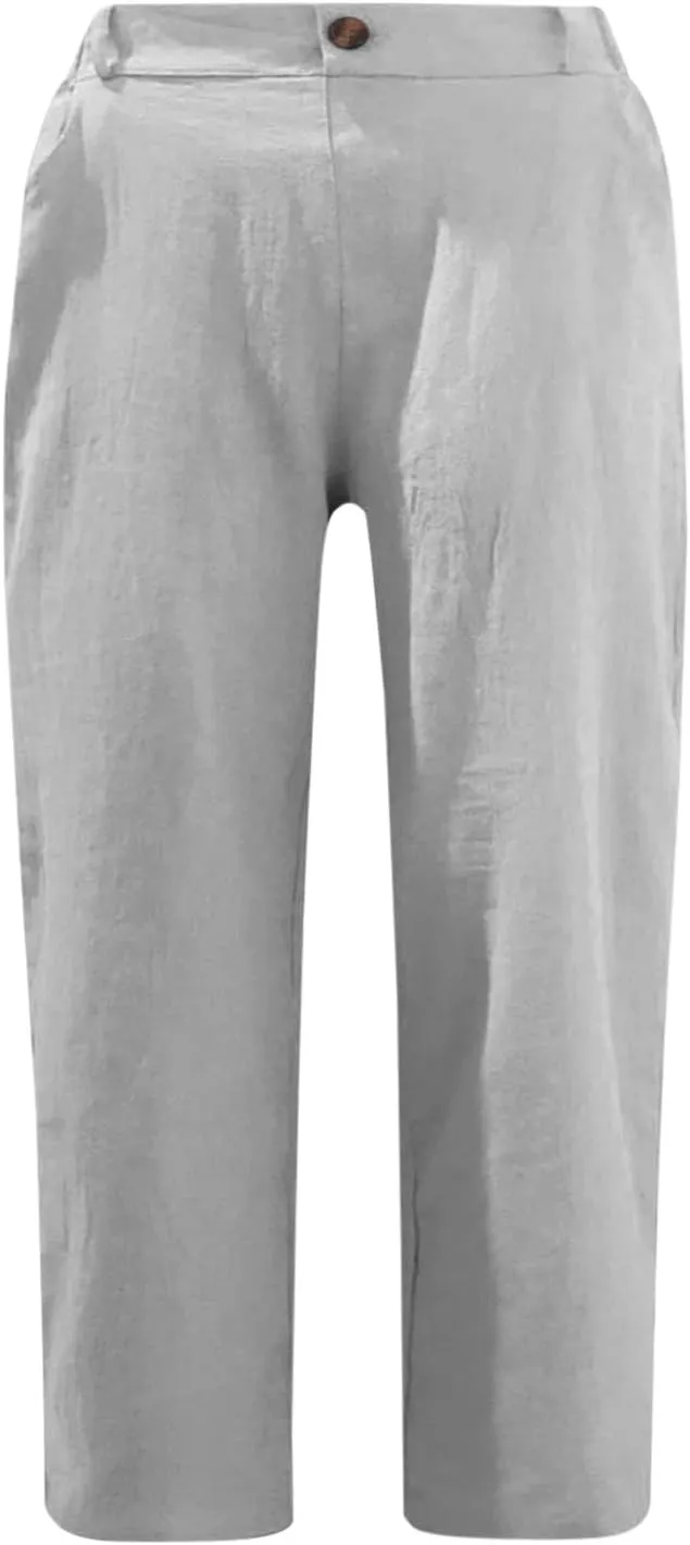 Capri Pants for Women Cotton Linen Casual Summer 2025 Straight Lounge Pants Elastic Waist Comfy Beach Cropped Trouser