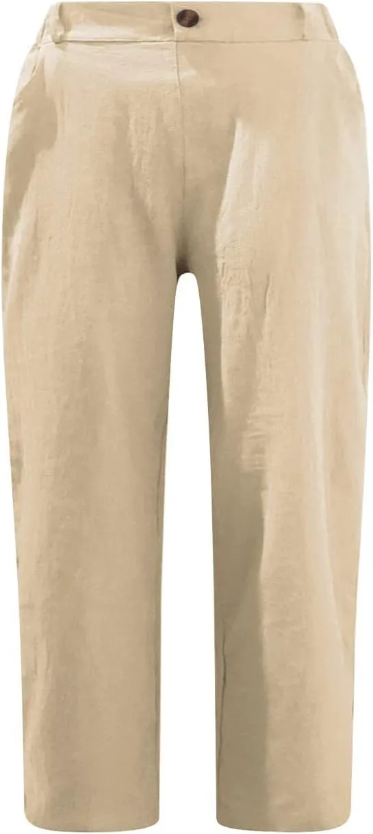 Capri Pants for Women Cotton Linen Casual Summer 2025 Straight Lounge Pants Elastic Waist Comfy Beach Cropped Trouser