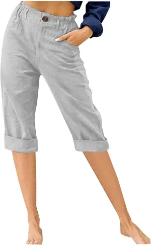 Capri Pants for Women Cotton Linen Casual Summer 2025 Straight Lounge Pants Elastic Waist Comfy Beach Cropped Trouser