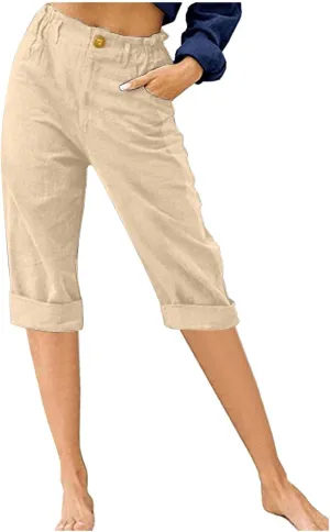 Capri Pants for Women Cotton Linen Casual Summer 2025 Straight Lounge Pants Elastic Waist Comfy Beach Cropped Trouser