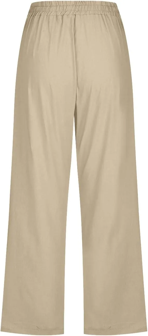 Capri Pants for Women Plus Size Button Summer Linen Pants Straight Leg Cropped Trouser High Waist Drawstring Capris