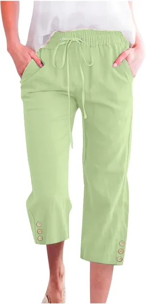 Capri Pants for Women Plus Size Button Summer Linen Pants Straight Leg Cropped Trouser High Waist Drawstring Capris