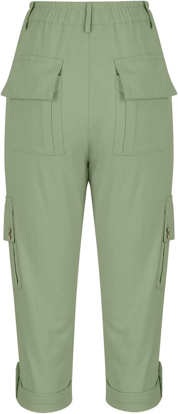 Capri Pants for Women Summer 2024 Cotton Linen Trousers with Pockets Straight Cropped Trousers Pants for Work