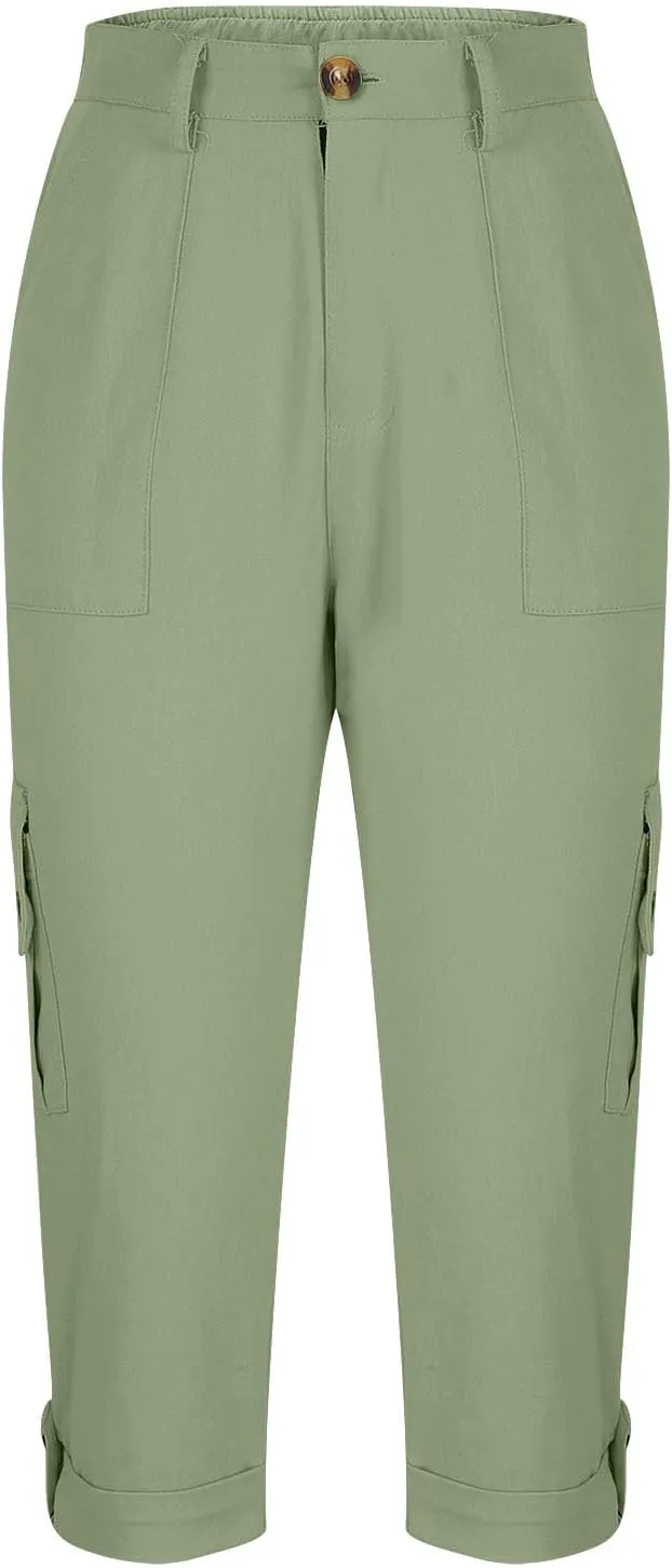 Capri Pants for Women Summer 2024 Cotton Linen Trousers with Pockets Straight Cropped Trousers Pants for Work