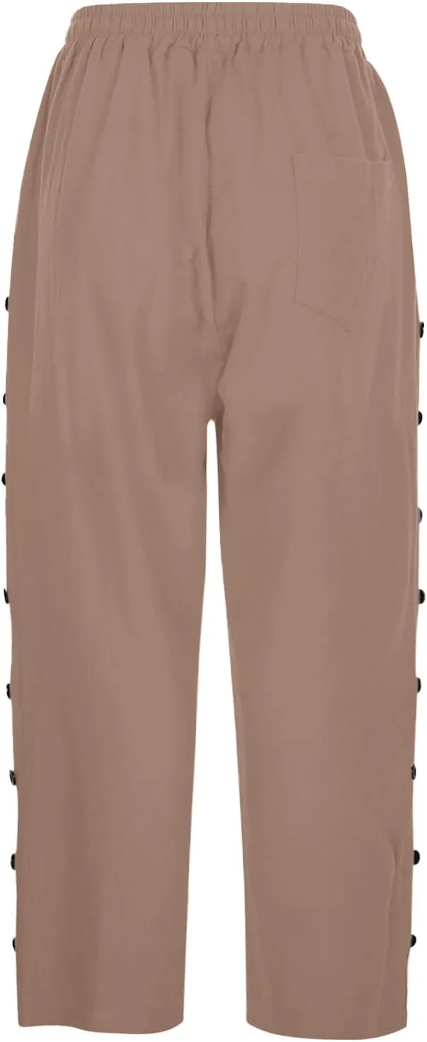 Capris Pants for Women Cotton Linen Casual Summer 2025 Straight Wide Leg Loose Drawstring Elastic Waist Cropped Trouser