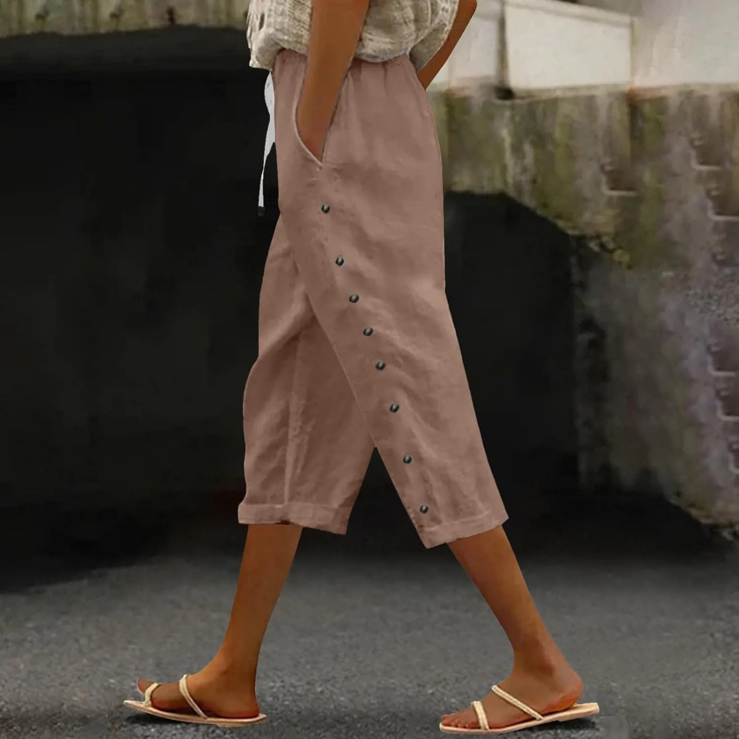 Capris Pants for Women Cotton Linen Casual Summer 2025 Straight Wide Leg Loose Drawstring Elastic Waist Cropped Trouser