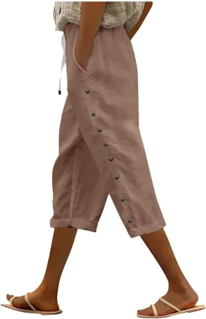 Capris Pants for Women Cotton Linen Casual Summer 2025 Straight Wide Leg Loose Drawstring Elastic Waist Cropped Trouser