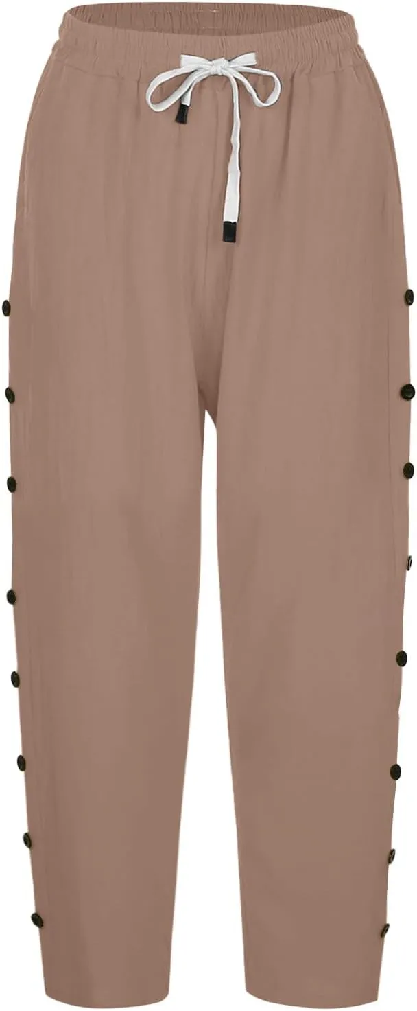 Capris Pants for Women Cotton Linen Casual Summer 2025 Straight Wide Leg Loose Drawstring Elastic Waist Cropped Trouser