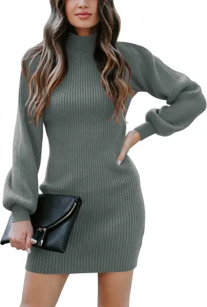 Caracilia Women Turtleneck Long Sleeve Knit Bodycon Slim Fitted Stretch Pullover Sweater Mini Dress Trendy Outfits 2025 Fall