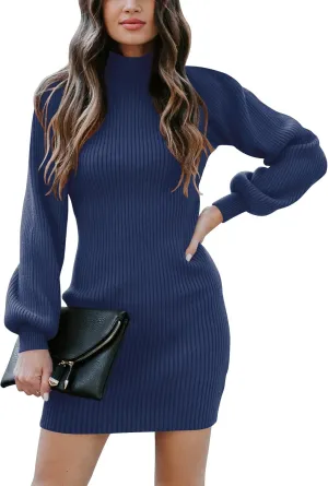 Caracilia Women Turtleneck Long Sleeve Knit Bodycon Slim Fitted Stretch Pullover Sweater Mini Dress Trendy Outfits 2025 Fall