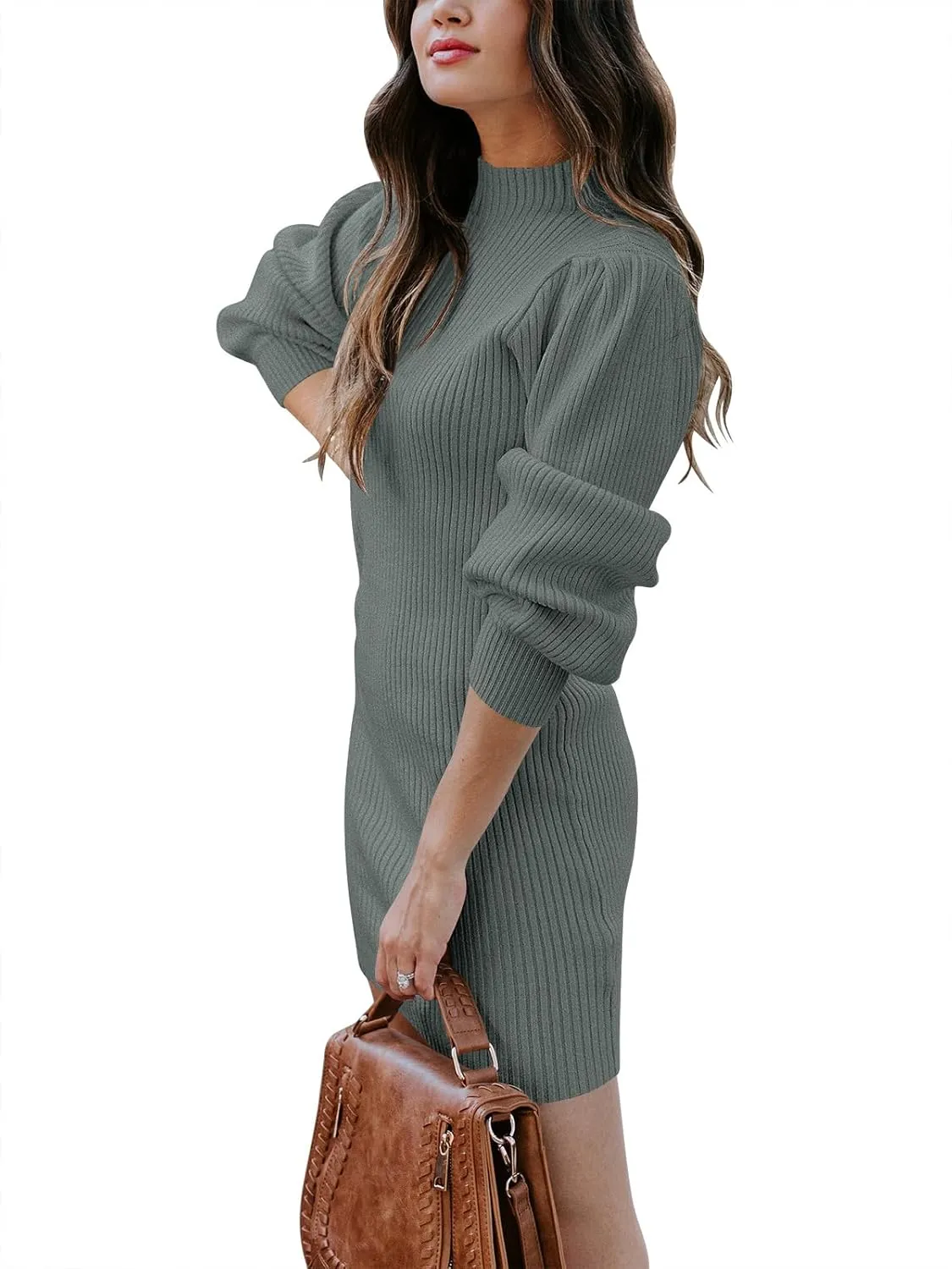Caracilia Women Turtleneck Long Sleeve Knit Bodycon Slim Fitted Stretch Pullover Sweater Mini Dress Trendy Outfits 2025 Fall